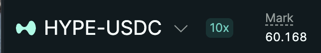 A trading interface showing the HYPE-USDC pair with 10x leverage and a mark price of 60.168.