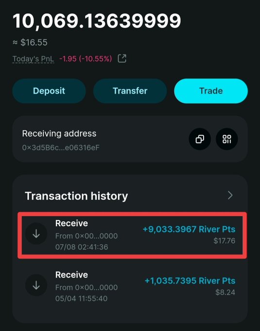 A crypto wallet interface shows a balance of '10,069.13639999' (~$16.55) and a transaction history with a highlighted 'Receive' entry of '+9,033.3967 River Pts' worth $17.76 dated 07/08.