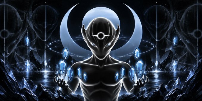 A stylized digital artwork depicts a dark, horned humanoid figure with a crescent moon behind its head, surrounded by floating blue crystals against a night sky.