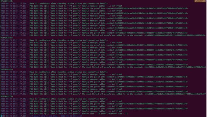 Terminal log output showing parallel processing activity with multiple POSIX threads performing VRF (Verifiable Random Function) proofs, including messages about adding proofs to context contracts, calling Handle messages, and querying active status.