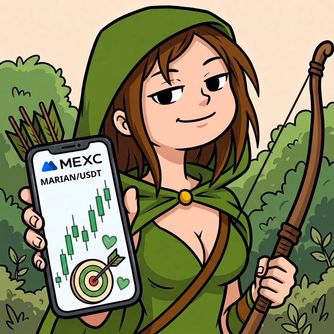 A confident cartoon archer in a green hooded outfit holds up a smartphone displaying the "MEXC MARIAN/USDT" trading chart with a bullish green candlestick pattern and a bullseye target, while gripping a bow. The image ties into the post's bullish sentiment, with the archer's steady aim and the upward chart visualizing the poster's conviction that $marian will hit a billion-dollar market cap, alongside their other holds in $alfie and $cashcat for "generational wealth."