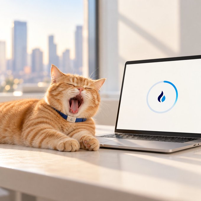 An orange tabby cat wearing a blue collar yawns widely next to an open laptop displaying a blue water drop logo on a white screen, set against a city skyline visible through a window.