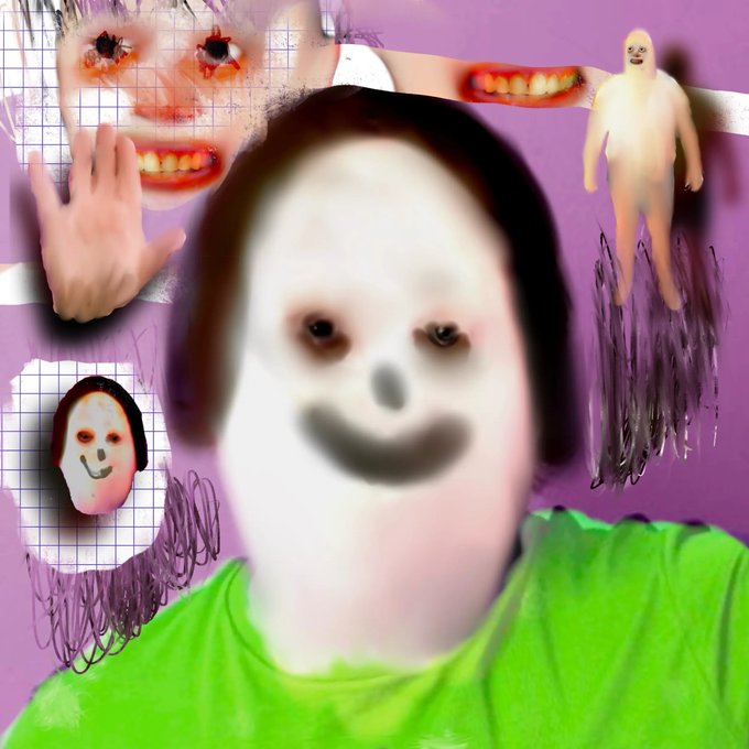 A distorted, surreal digital collage on a purple background featuring blurred faces, sharp teeth, a hand, and unsettling humanoid figures in a glitchy horror aesthetic.