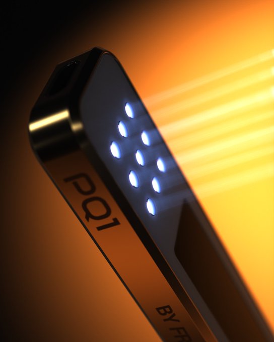 A sleek, futuristic device labeled "PQ1" with glowing blue keypad lights is shown illuminated against a warm orange backdrop. The image visually reinforces the post's message by contrasting the device's secure, glowing interface—symbolizing a quantum-resistant vault—with the vulnerability of exposing public keys on Q-day.