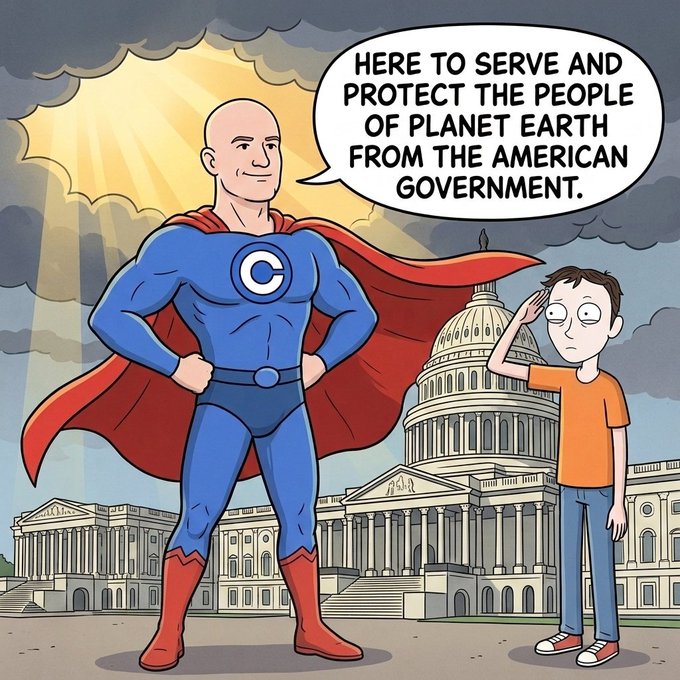 A cartoon shows a bald superhero in a blue suit with a 'C' emblem and red cape standing before the U.S. Capitol, telling a saluting young man, 'HERE TO SERVE AND PROTECT THE PEOPLE OF PLANET EARTH FROM THE AMERICAN GOVERNMENT.'