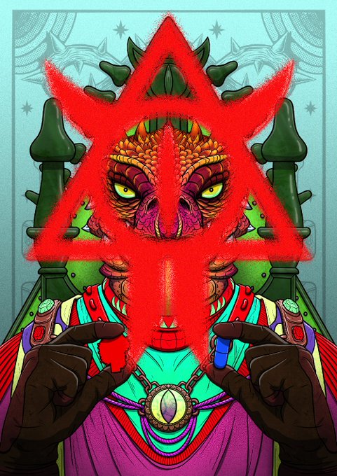 A vibrant digital artwork shows a red-skinned demonic figure wearing elaborate colorful robes and a golden amulet, overlaid with a large red inverted pentagram.
