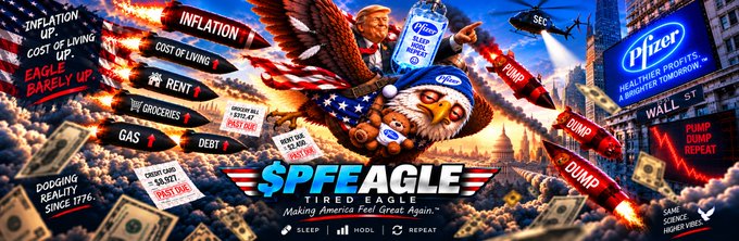A political satire poster titled "SPF EAGLE - TIRED EAGLE - Masking America Fed. Great Again." depicting a tire-like eagle with Donald Trump and Joe Biden's faces, surrounded by missiles labeled "INFLATION," "RENT," "GAS," "DEBT," and a "Pfizer" billboard with the text "HEALTHIER PROFITS A BRIGHTER TOMORROW."