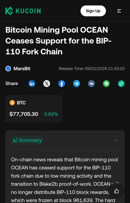 A mobile screenshot from KuCoin shows an article titled "Bitcoin Mining Pool OCEAN Ceases Support for the BIP-110 Fork Chain" by MarsBit, with BTC priced at $77,705.30.