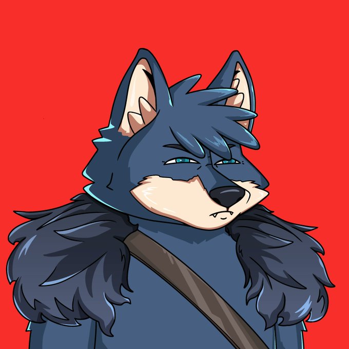 ursa, a blue wolf with a brown collar and fur, stands against a red background, gazing directly at the viewer.
