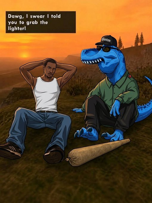 A human and a blue dinosaur (wearing a "Banton" cap) sit dejectedly at sunset next to a blunt, with the dinosaur saying "Dawg, I swear I told you to grab the lighter!" — humorously echoing the post's frustration that traders care only about bullish green candles, not mundane essentials like lighters.