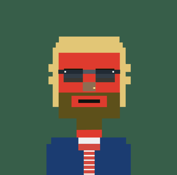 Pixel art portrait of a blonde man wearing sunglasses, a red headband, a blue suit jacket, and a red-and-white striped tie against a green background.