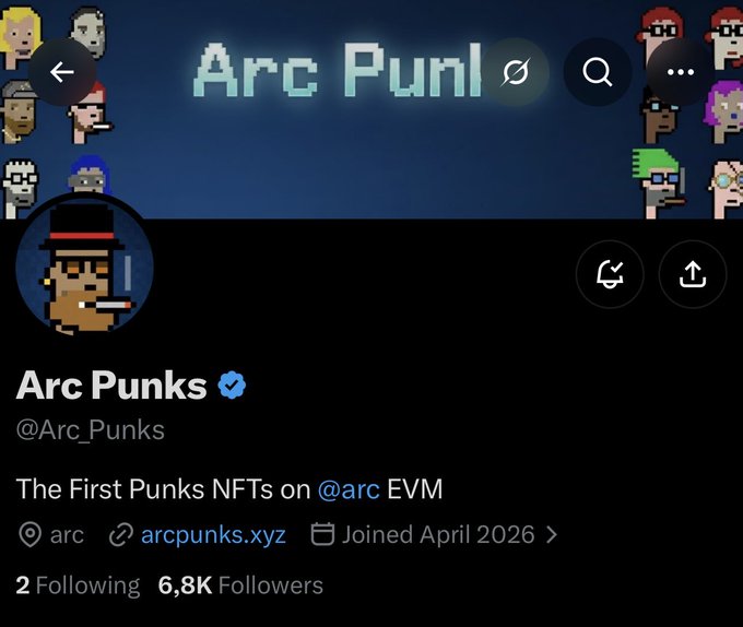 A Twitter/X profile for "Arc Punks" (@Arc_Punks), verified and self-described as "The First Punks NFTs on @arc EVM," with 6.8K followers and a profile picture of a pixelated detective smoking a cigar, promoting their upcoming 10,000-unique NFT collaboration with OrdinalsHub on the ARC Chain.