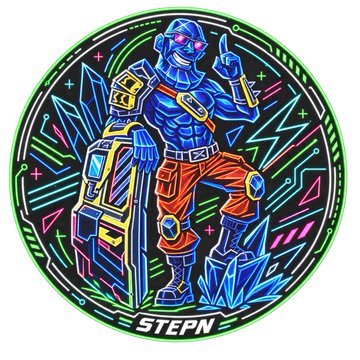 A colorful neon-style circular illustration of a robot character in orange shorts pointing upward next to a robotic companion, with 'STEPN' displayed at the bottom.
