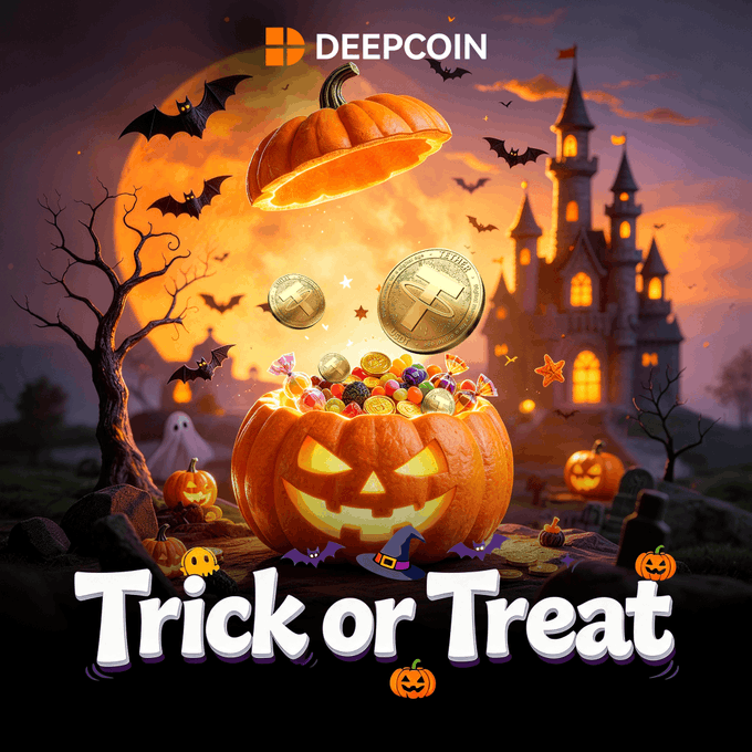 A Halloween-themed promotional graphic for DEEPCOIN cryptocurrency exchange featuring a jack-o'-lantern filled with coins and candy under the text 'Trick or Treat'.