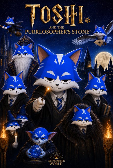 A fantasy movie-style poster titled 'TOSHI and the PURRLOSPHER'S STONE' featuring blue and white cat characters dressed in wizard and school robes, branded with 'Meowtzarding World'.