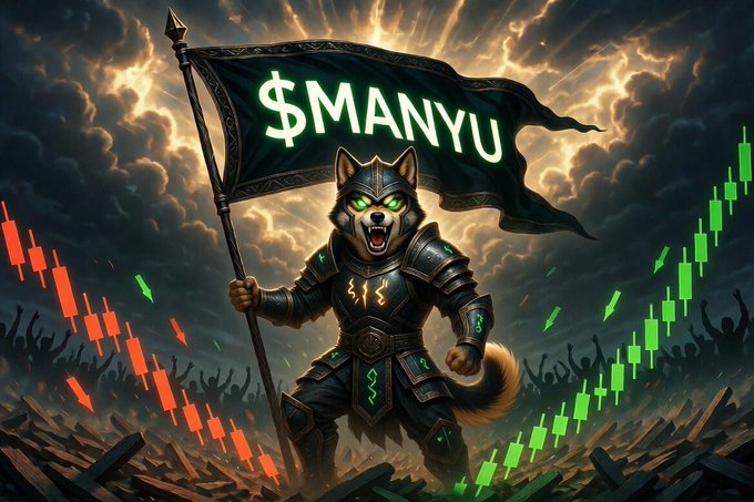 A fantasy illustration shows an armored wolf warrior holding a flag reading '$MANYU' against a dramatic cloudy sky with green and red candlestick charts.