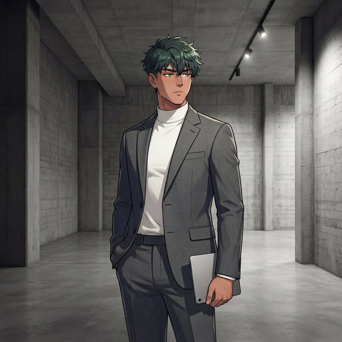 An anime-style illustration of a young man with green hair wearing a gray suit and white turtleneck, holding a laptop in an empty concrete corridor.