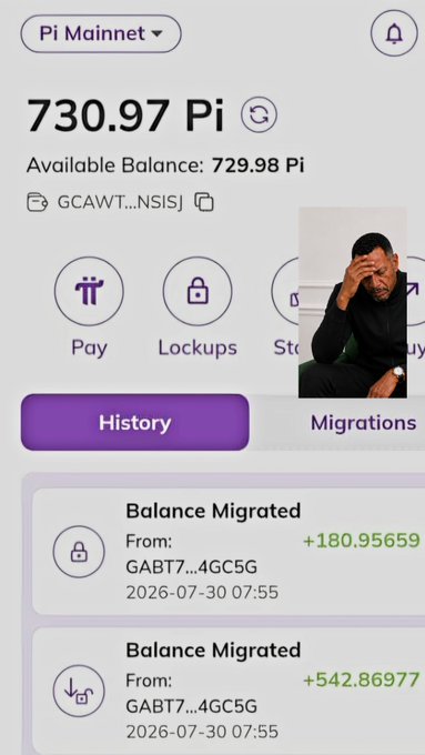 A Pi Network Mainnet wallet shows a balance of 730.97 Pi (with 729.98 Pi available) at address GCAWT...NSISJ, featuring two recent balance migrations totaling over 723 Pi. The image illustrates the post's claim about Pi's dramatic decline in value, as this sizeable Pi balance that once represented meaningful USD worth is now worth far less.
