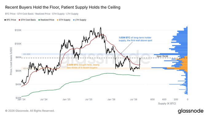 Glassnode chart titled "Recent Buyers Hold the Floor, Patient Supply Holds the Ceiling" showing BTC Price, STH Cost Basis, Realized Price, STH Supply, and LTH Supply from Jun '24 to Jul '26.