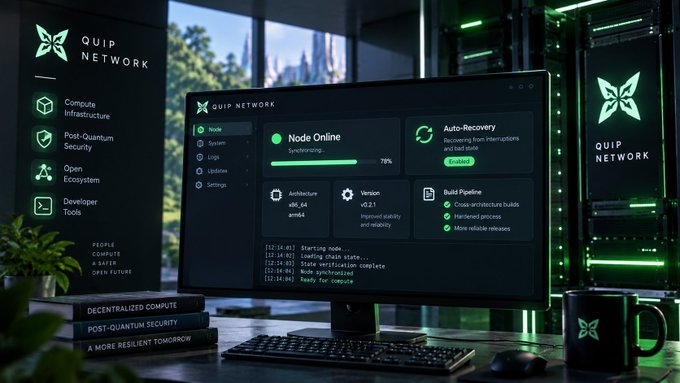 A computer monitor displays the 'QUIP NETWORK' interface showing 'Node Online' with a synchronizing progress bar at 78%, set in a dark room with green lighting and related books on the desk.