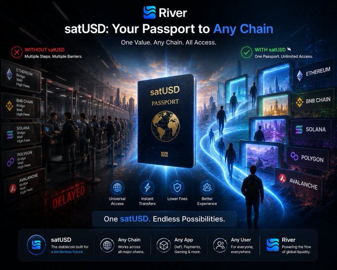 The image shows a poster for a digital passport service called satUSD, which allows users to access various services from multiple chains across different platforms. The poster features a blue passport with a gold border, symbolizing the digital nature of the service. It also includes text that explains how satUSD works and its focus on providing a seamless experience across different chains in the @RiverdotInc ecosystem.