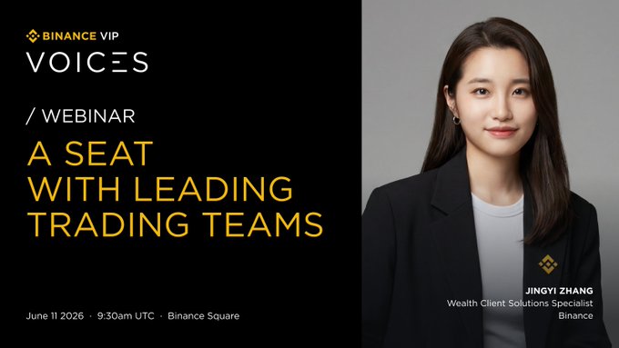 The image features a woman wearing a black blazer, sitting down with her hands clasped together as she smiles at the camera. The background of the image is white, which contrasts nicely with the black blazer. In the top left corner of the image, there's text that reads "binance vip Voices", and in the bottom right corner, there are details about a webinar scheduled for tomorrow.