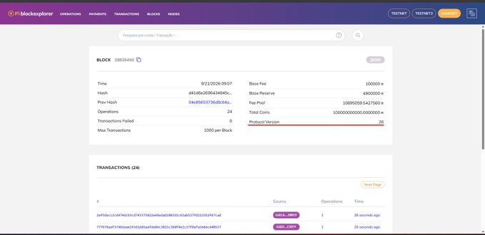 The image displays a BlockExplorer page showing block #2882680 details from 9/21/2026, with a hash starting "d41d6e..." containing 1,000 transactions, a base fee of 10,000 and protocol version 26, though notably listing "Pi Core Team" or Pi Network branding anywhere on the page. The transaction list shows two entries from "AGCIP8 -> (PIXT)" and "G0EL<(PIXT)" 26 seconds ago, which appears to be unrelated testnet data unrelated to actual Pi Network blockchain activity, suggesting the poster may be questioning suspicious or irrelevant transactions on Pi's blockchain explorer.