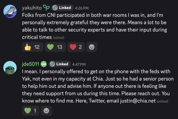 Two LinkedIn posts: one by 'yakuhito' thanking CNI participants in war rooms, and another by 'jde5011' offering support and contacting justin@chia.net.