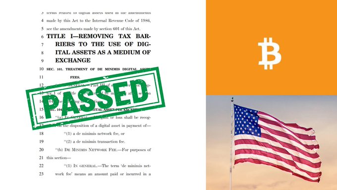 The image features a document titled "TITLE I—REMOVING TAX BARRIERS TO THE USE OF DIGITAL ASSETS AS A MEDIUM OF EXCHANGE," stamped with a green "PASSED" mark, alongside a Bitcoin symbol and an American flag.

The visual supports the post by illustrating the passage of the crypto tax bill, which exempts gas fees and transaction fees under $10 from taxation.