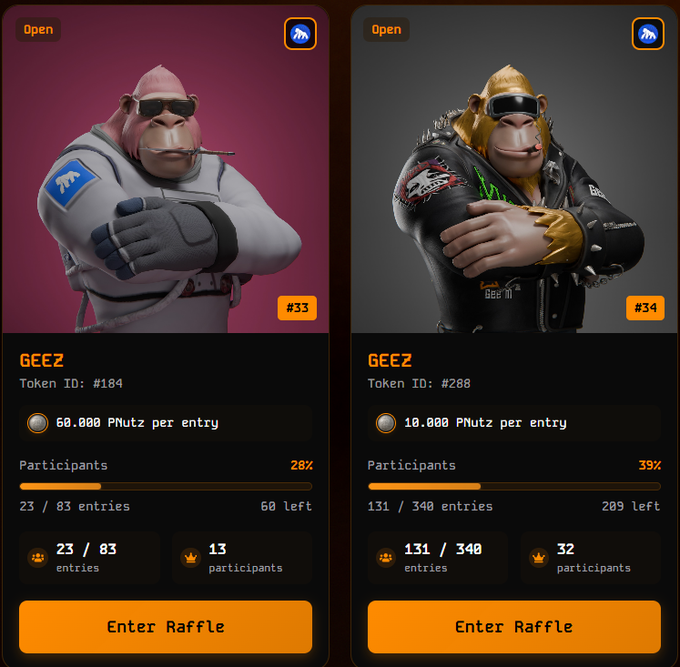 The image shows two active raffles on the GeezOnApe website featuring ape-themed 3D characters (#33 and #34) with Token IDs #184 and #288, requiring 60,000 and 10,000 PNutz per entry respectively, with 23/83 and 131/340 entries filled. The raffles align with the post's call to action, inviting users to spend $pnutz tokens to participate in these limited-entry giveaways.