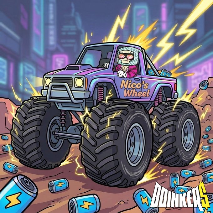 A purple monster truck with "Nico's Wheel" written on its side is surrounded by lightning and scattered batteries, directly relating to the post's "Mega jackpot Wheel is READY" and "Spin" call to action. The "Boinkers" logo is visible in the lower right corner.