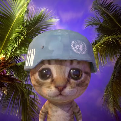 A 3D-rendered or AI-generated image of a small, big-eyed cat-like creature wearing a light blue military helmet (resembling a UN peacekeeper helmet) with palm trees and a purple sky in the background.