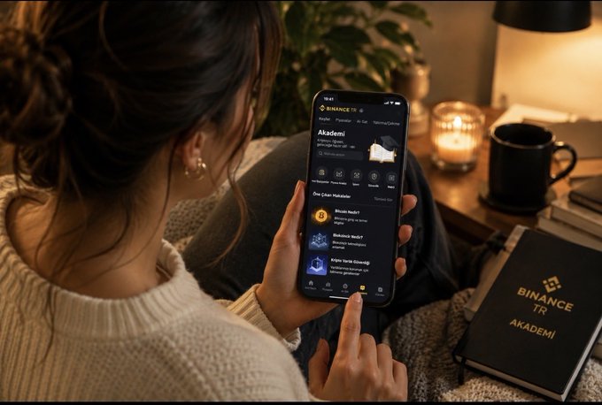 A woman using the Binance TR app on her smartphone showing the Akademi (Learn & Earn) section, with a Binance TR Akademi notebook and coffee mug on the table beside her.