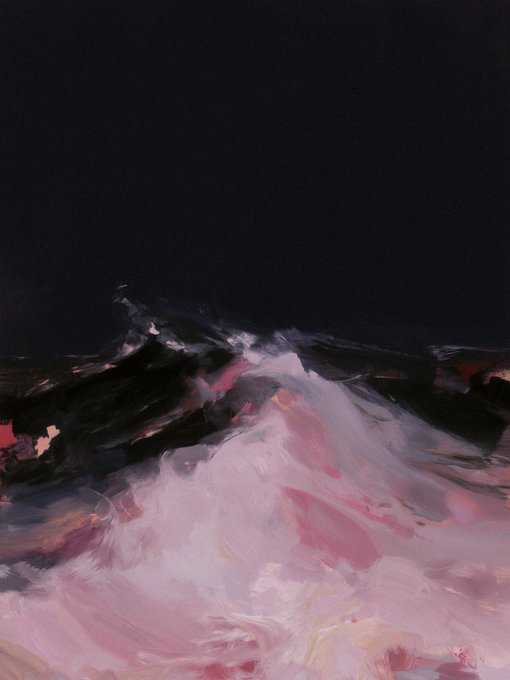 An abstract oil painting featuring thick pink and white brushstrokes swirling against a dark black background.