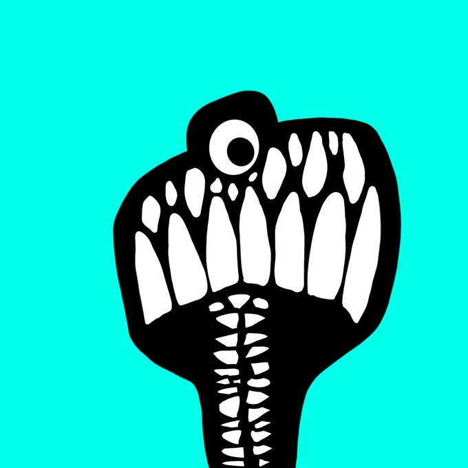 A simple graphic illustration of a black creature with a skull-like face showing teeth, set against a bright cyan background.