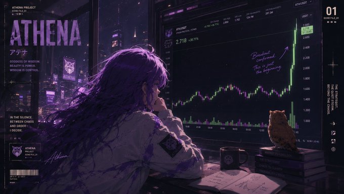An anime-style illustration of a purple-haired character viewed from behind, looking at trading charts on dual monitors in a dark city setting, with the text "ATHENA" and "ATHENA PROJECT" visible alongside stock data.