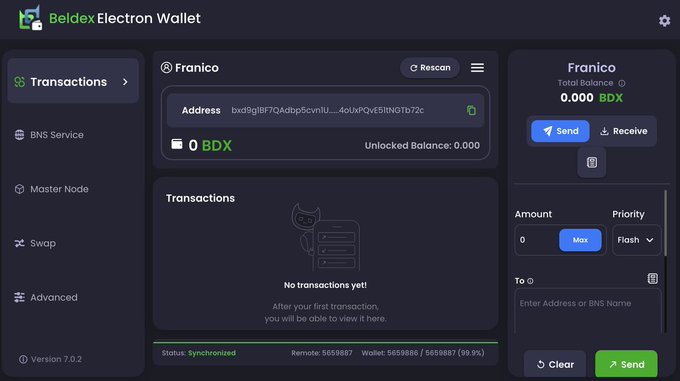 A screenshot of the 'Beldex Electron Wallet' interface showing a 'Franico' account with a 0.000 BDX balance, currently synchronized at version 7.0.2.