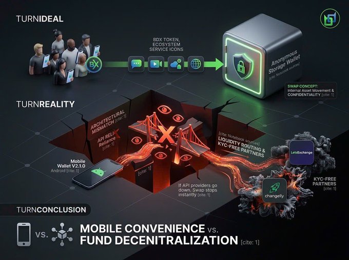 An infographic detailing cryptocurrency concepts titled 'TURNIDEAL', 'TURNREALITY', and 'TURNCONCLUSION' illustrates 'Mobile Convenience vs. Fund Decentralization', mentioning items like 'Anonymous Storage Wallet', 'Mobile Wallet V2.1.0', and 'KYC-FREE PARTNERS' such as 'Latoken' and 'Changelly'.