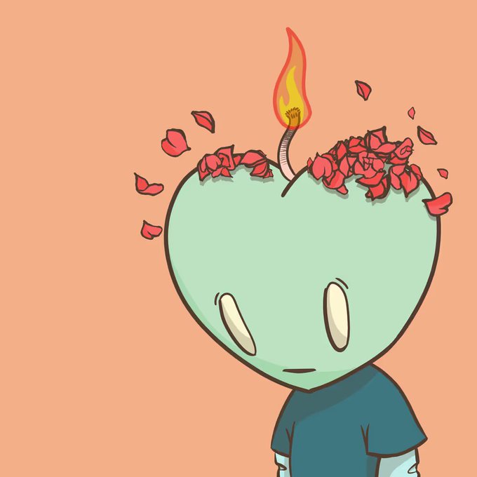 An illustration of a green, heart-shaped character with a lit fuse on its head, with red flower petals bursting out from the top, set against a solid orange background.