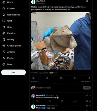 The image shows a Reddit post by Alex Michol featuring a photo of someone wearing blue gloves holding a four-part mold, with the caption "Made a concrete frog. This was a four part mold. Apparently I'm not getting better at shaking out air the bubbles, yet." The accompanying post text promotes buying the $FROCK token via swap links, seemingly tying the concrete frog mold craft to the cryptocurrency token.