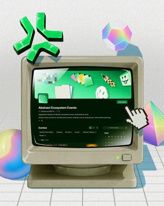 The image features an old computer monitor with a website displayed on its screen. The website appears to be about abstract events, as indicated by the text "Abstract ecosystem events" at the top of the page. A mouse can also be seen near the bottom right corner of the monitor.