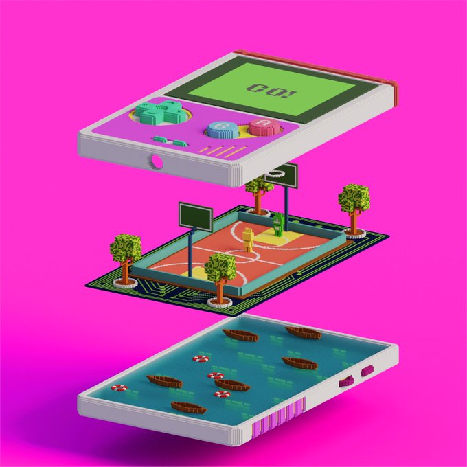 A colorful 3D illustration depicting a layered device or game featuring a basketball court with trees, a swimming pool with boats, and a Game Boy-style device with buttons, all set against a bright pink background.