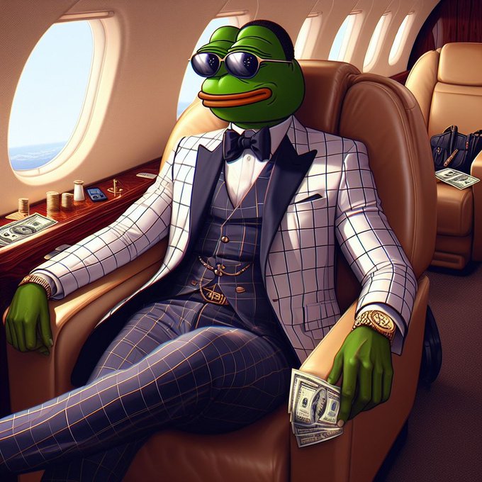 A digitally rendered illustration of Pepe the Frog dressed in a white checkered suit and sunglasses, lounging in a private jet with gold coins and stacks of cash.