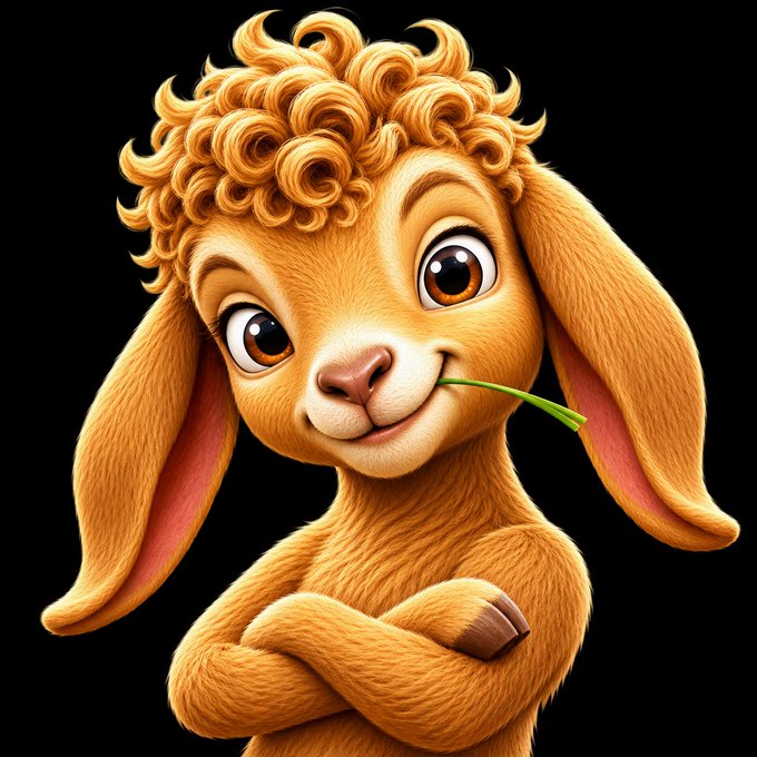 A cheerful, stylized orange goat with curly blond hair holds a blade of grass while standing with its arms crossed. It appears to be the official mascot for the $SHERU Solana community mentioned in the accompanying post.