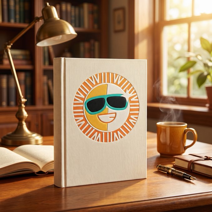 A white book with a circular cover design featuring a smiling face wearing sunglasses stands on a wooden desk, accompanied by a lit desk lamp, an open notebook, and a steaming mug.
