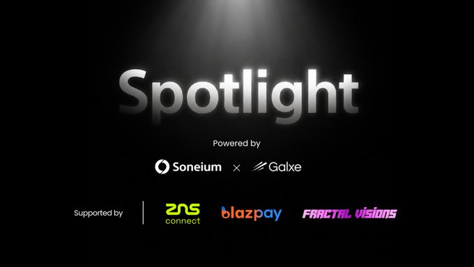 The image features a black background with white text that reads " Spotlight". Below this, there are several logos for different companies such as Soneium, GalxeQuest, ZNSConnect, Blazpaylabs, and Fractal_Visions. The text also mentions an initiative called IP, Music, Creator Tools, Gaming, and NFTs.