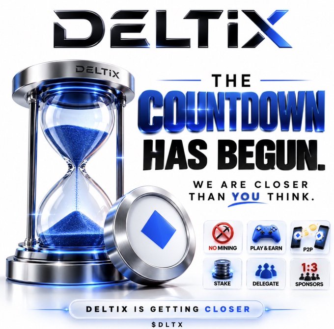 A promotional graphic for 'DELTIX' featuring an hourglass with blue sand, the text 'THE COUNTDOWN HAS BEGUN. WE ARE CLOSER THAN YOU THINK', and feature icons including 'NO MINING', 'PLAY & EARN', 'P2P', 'STAKE', 'DELEGATE', and '1:3 SPONSORS'.