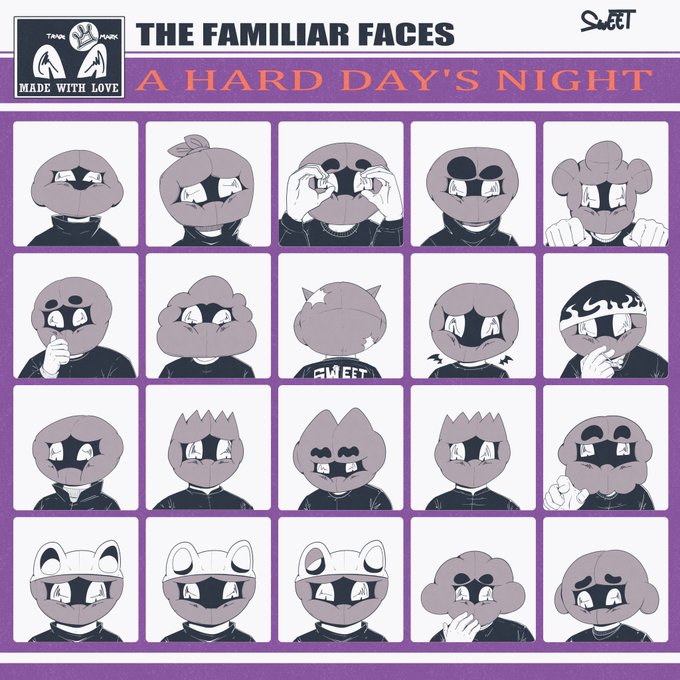 A sticker sheet titled 'THE FAMILIAR FACES: A HARD DAY'S NIGHT' featuring 20 cartoon character faces with various expressions and accessories in a purple-bordered grid.