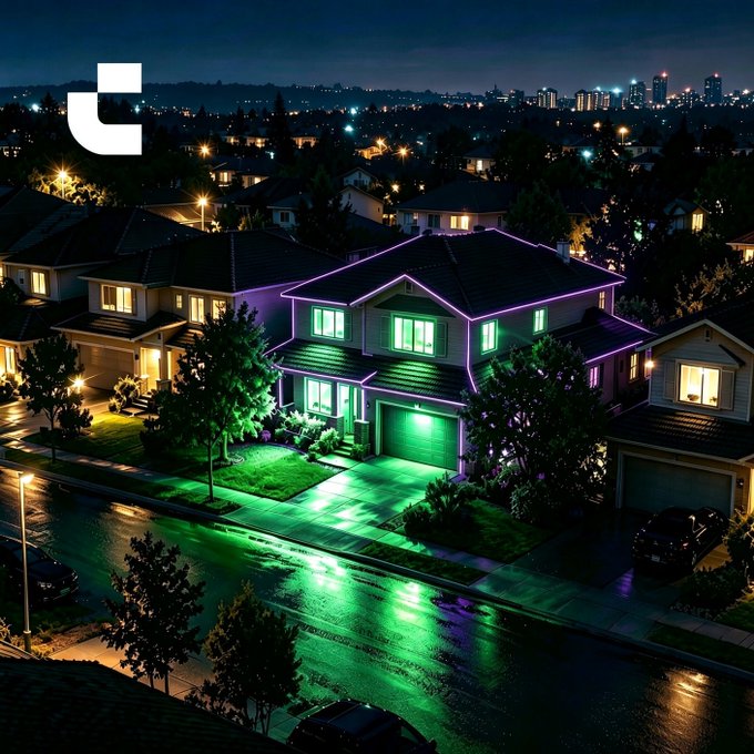 An aerial nighttime view of a suburban house outlined with vibrant green and purple neon lighting, with a stylized 'L' logo in the corner.