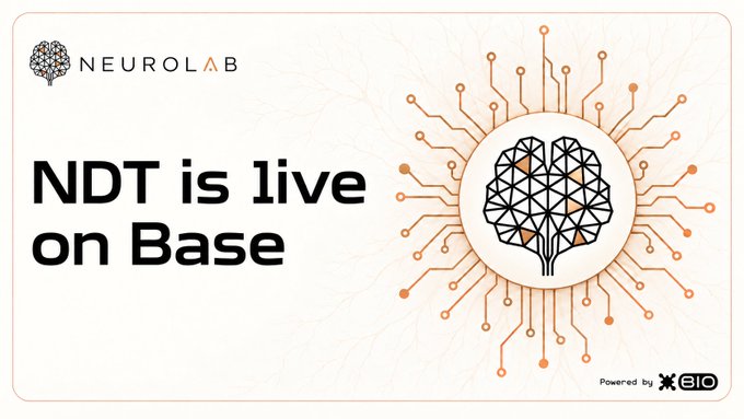 A promotional banner featuring the NeuroLab logo announces "NDT is live on Base" alongside a stylized brain graphic with circuit-like rays, with the Bio app attribution in the corner—visually supporting the announcement that the $NDT token is now claimable on Base via the Bio App.